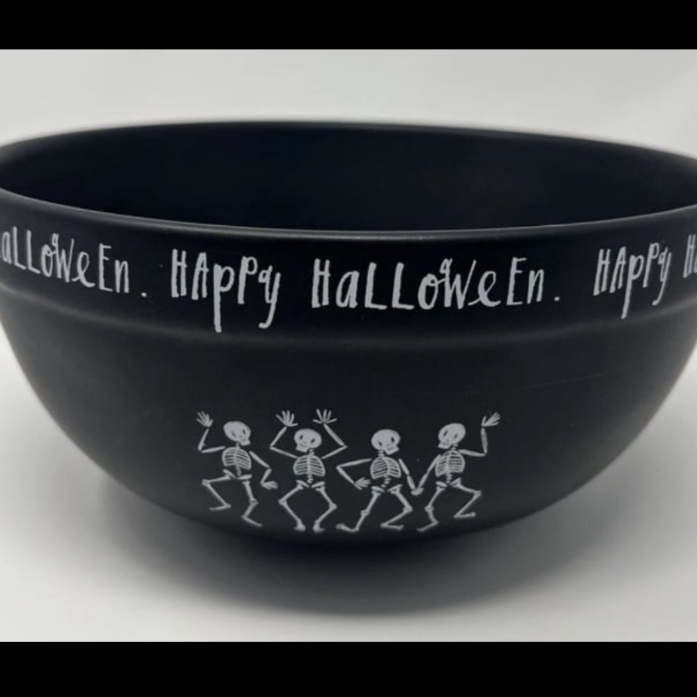 Rae Dunn By Magenta HAPPY HALLOWEEN Bowl Matte Black Skeleton 8.5” Mixing, candy